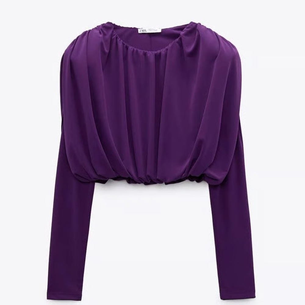 New Zara Purple Pleated Crop Top w/ Shoulder Pads